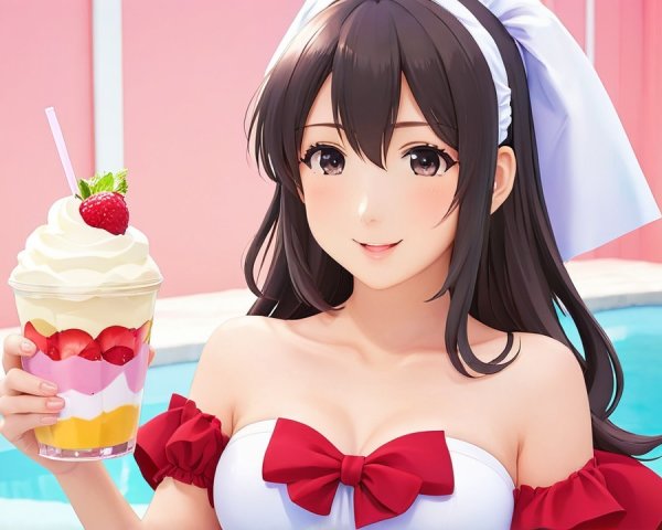 Cheerful Character by Pool with Colorful Parfait