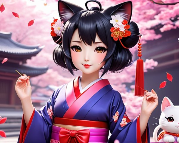 Young woman in kimono among cherry blossoms with cat