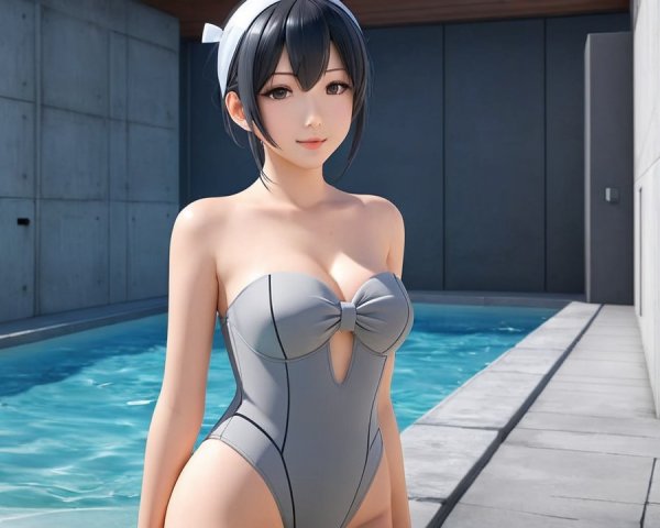 Young Woman in Gray Swimsuit by Modern Poolside
