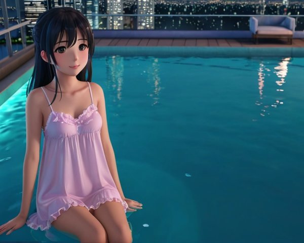 Young woman by illuminated pool in serene cityscape