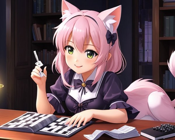 Anime girl with pink hair solving a crossword puzzle
