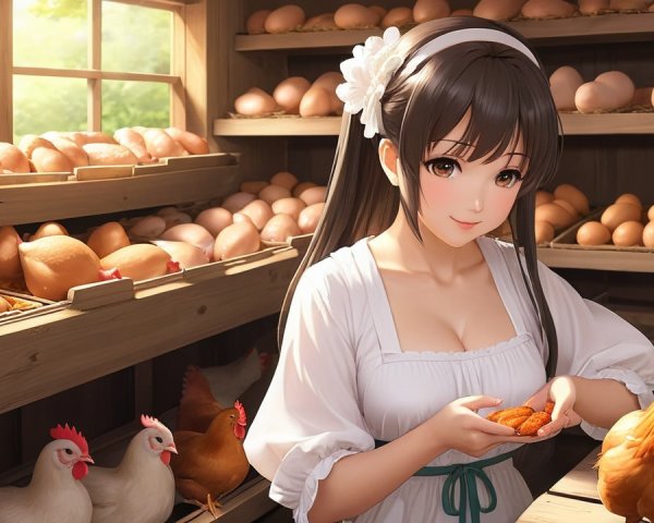 Young Woman Feeding Chickens on Quaint Farm