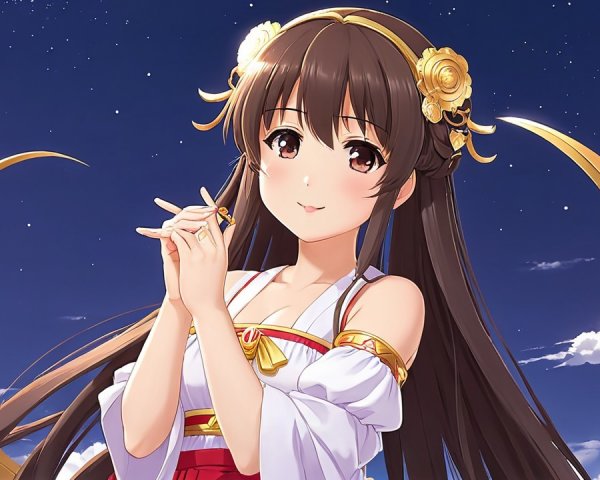 Anime Girl in Traditional Outfit Under Starry Sky
