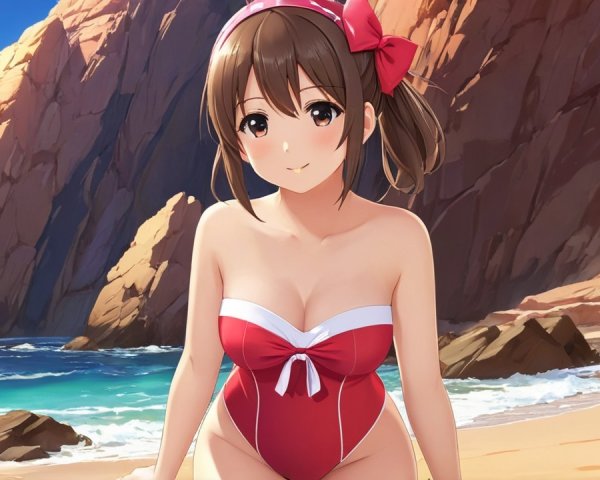 Cheerful girl in red swimsuit by vibrant beach scene