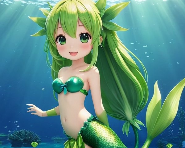 Cheerful Green-Haired Mermaid in Vibrant Underwater Scene