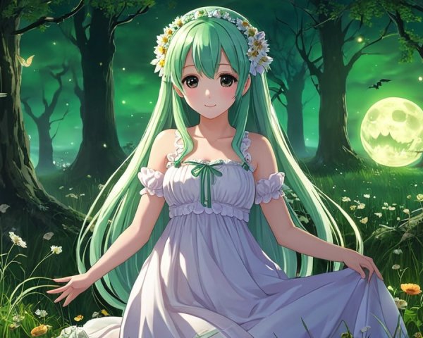 Moonlit Forest Scene with Girl in White Gown