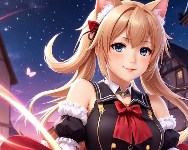 Anime Character with Cat Ears in Twilight Setting