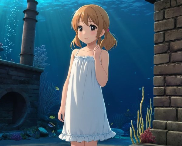 Young girl in white dress in vibrant underwater scene