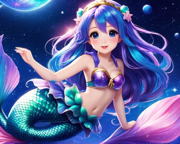 Vibrant Mermaid Swimming in a Cosmic Sea Scene