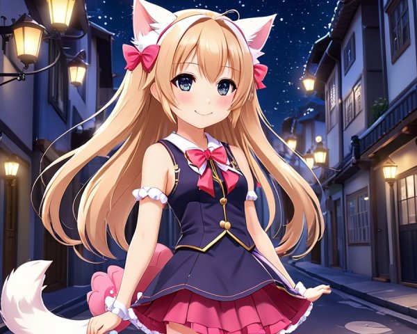 Anime girl in vintage street at night with cat ears