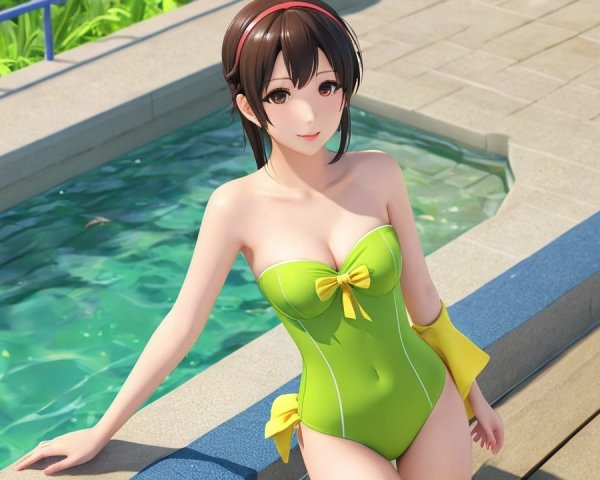 Young woman in green swimsuit by a swimming pool