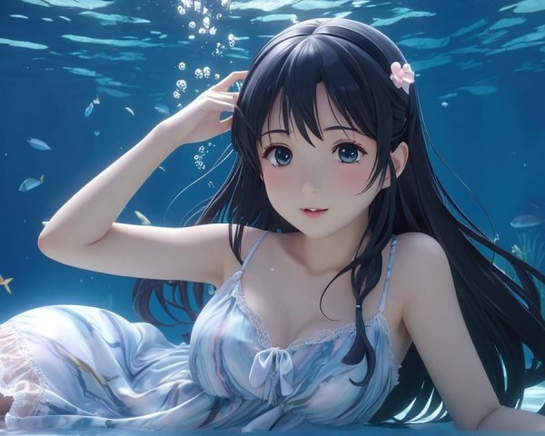 Underwater Scene with Woman in Dreamy Dress and Fish
