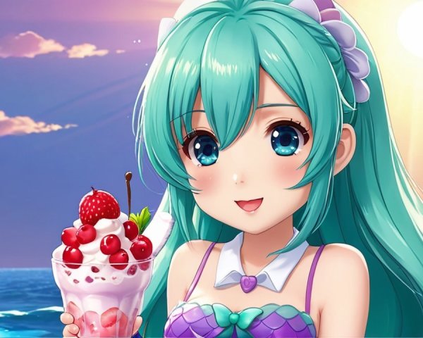 Animated girl with teal hair enjoying an ice cream sundae