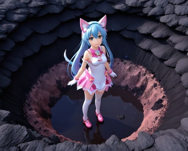 Anime Character in Crater with Water and Lava Rock