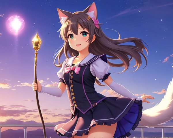 Girl with cat ears on balcony at sunset with staff