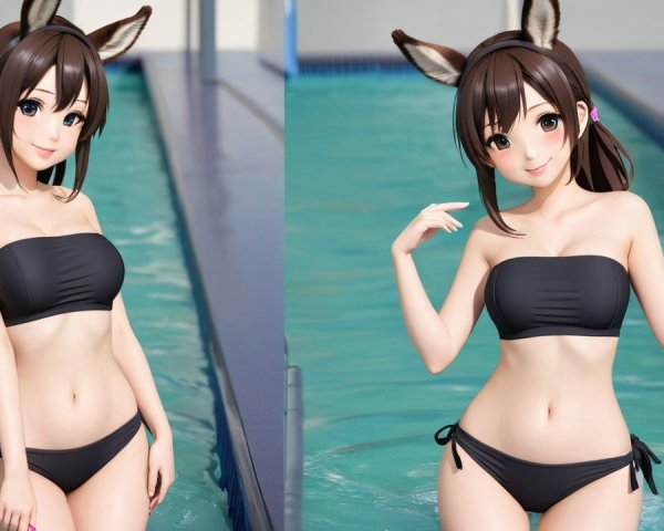 Playful Character in Black Bikini by Poolside