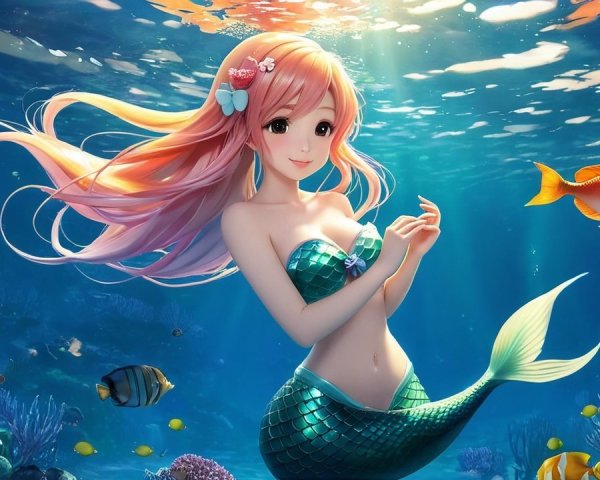 Whimsical Underwater Scene with Mermaid and Coral