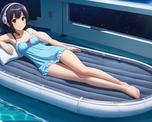 Young woman on futuristic mattress in starry pool scene