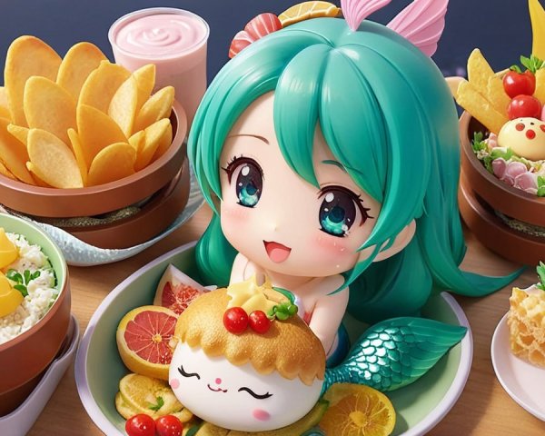 Mermaid Character Surrounded by Colorful Food Feast