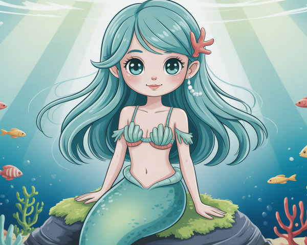 Cartoon Mermaid with Blue Hair in Underwater Scene