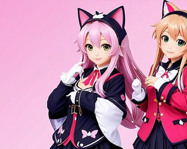 Anime Characters with Cat Ears Against Pink Background