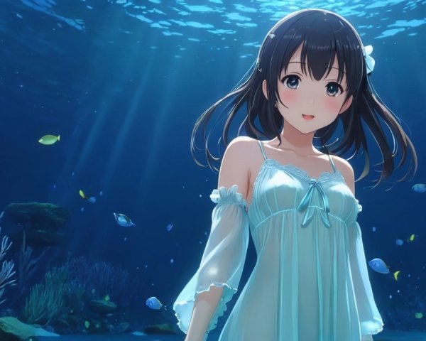 Young girl in flowing dress amid vibrant underwater scene