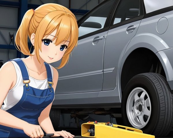 Young woman fixing a car in a busy workshop setting