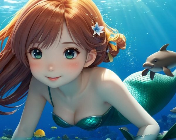 Whimsical Underwater Scene with Mermaid and Dolphin