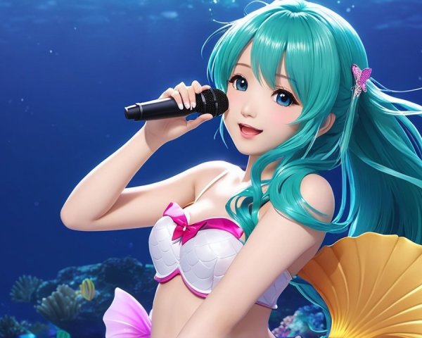 Vibrant Underwater Scene with Joyful Mermaid Singing