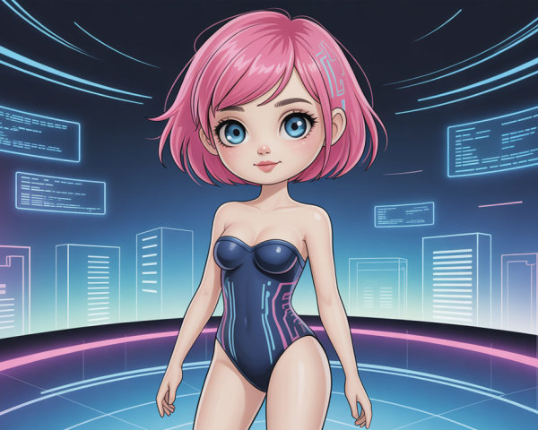 Anime Character in Dark Blue Swimsuit with Cityscape