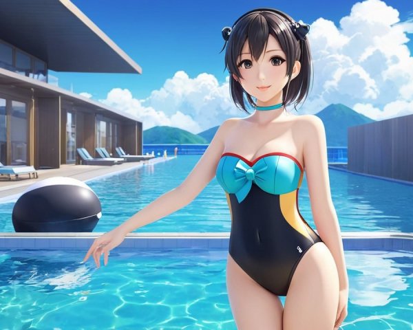 Young woman in stylish swimsuit by blue poolside