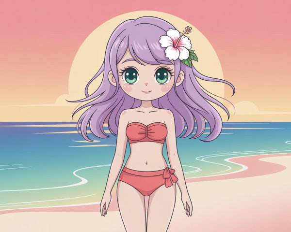 Purple-Haired Anime Girl in Coral Bikini at Sunset