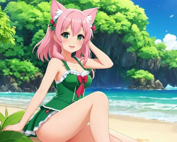 Vibrant Beach Scene with Animated Girl and Waves