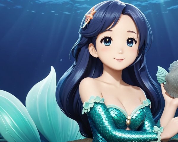 Cheerful mermaid with blue hair in vibrant underwater scene