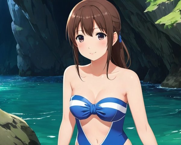 Young Woman in Blue Swimsuit by Serene Water Body