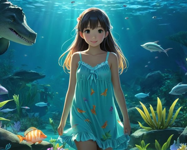 Underwater Scene with Girl in Blue Dress and Fish