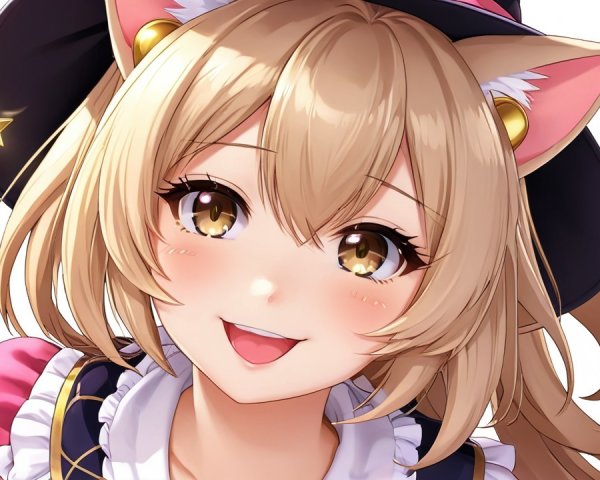 Cheerful anime character with cat ears and festive attire