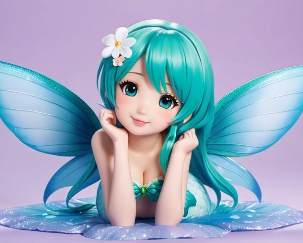 Whimsical Fairy Figure with Teal Hair and Wings