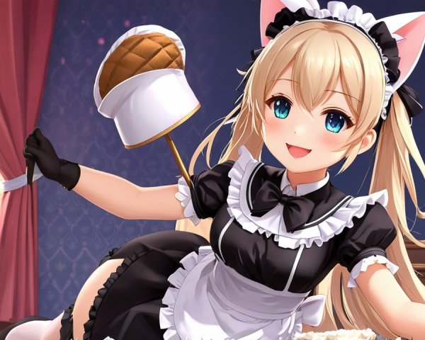 Animated Cat-Eared Maid Character in Cozy Setting