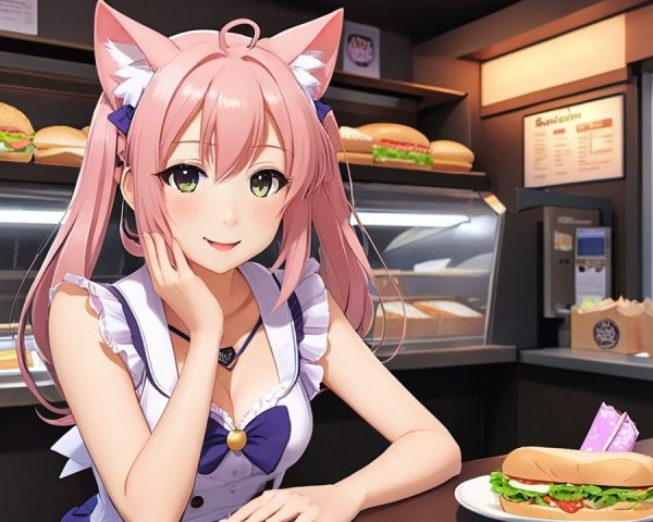 Anime Character in Maid Outfit at Cozy Diner Setting