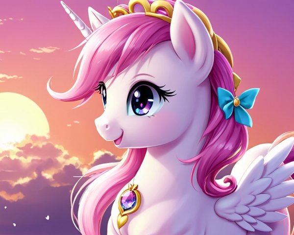 Whimsical Unicorn with Pink Mane and Colorful Sunset