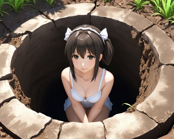 Character in a Light Blue Swimsuit at a Deep Hole