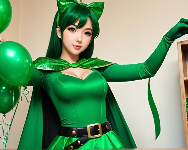 Festive Character in Green Outfit with Decorations