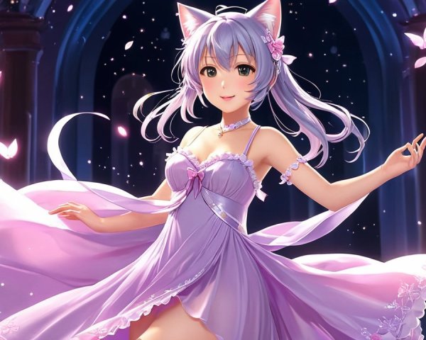 Whimsical Character in Lavender Gown Surrounded by Butterflies