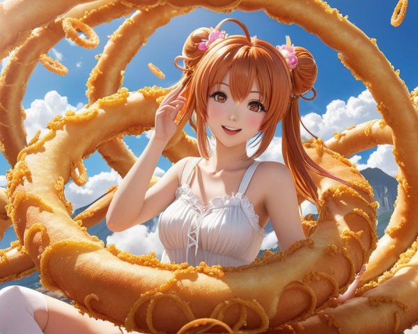 Cheerful anime girl in whimsical landscape with rings