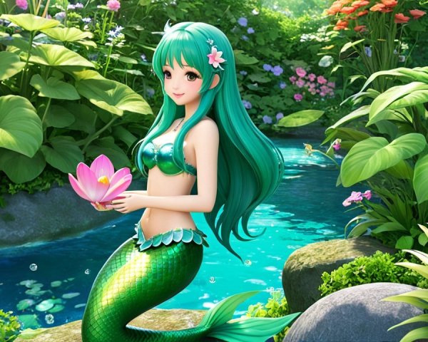 Whimsical Mermaid by Tranquil Pond with Flowers