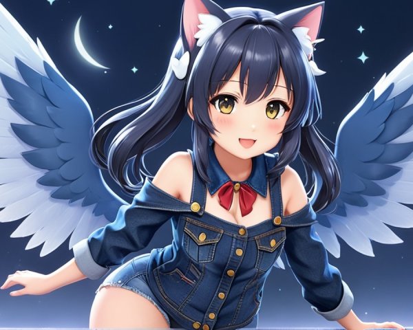 Dynamic Anime Character with Cat Ears and Wings