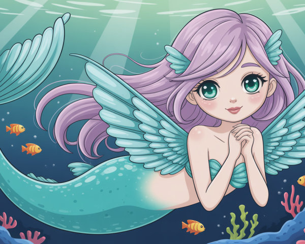 Cartoon Mermaid with Purple Hair and Teal Features