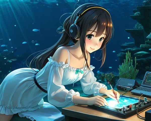 Underwater Scene with Girl, Console, and Marine Life