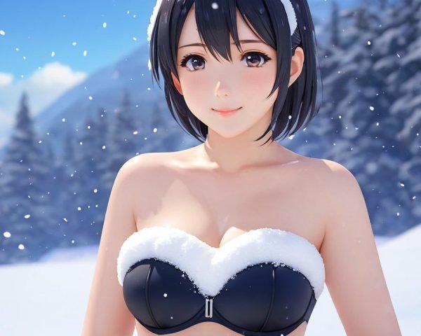 Young woman in bikini in snowy winter landscape